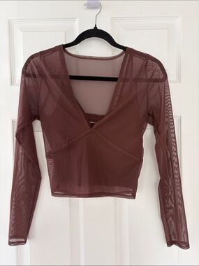 Abercrombie & Fitch Mauve Brown Sheer V‑Neck Long Sleeve Crop Top